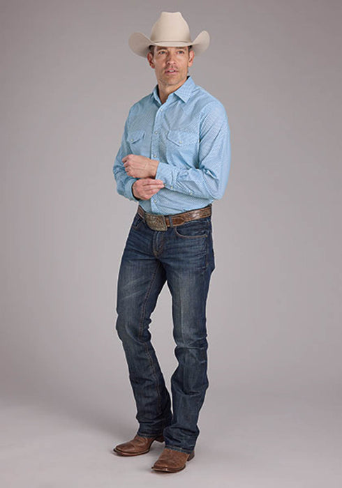 Roper Mens Tall Mini Cross Blue Cotton Blend L/S Shirt