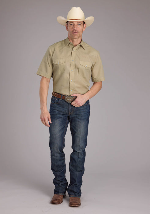 Roper Mens 2445 Broadcloth Tan Cotton Blend S/S Shirt