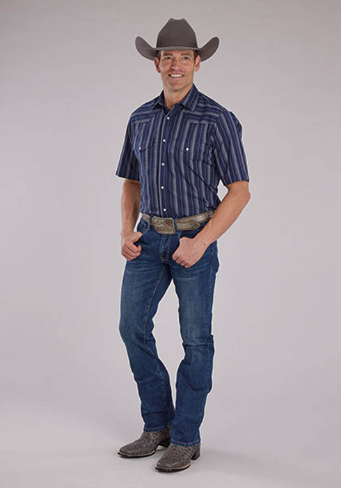 Roper Mens 2477 Western Stripe Navy/Brown Cotton Blend S/S Shirt