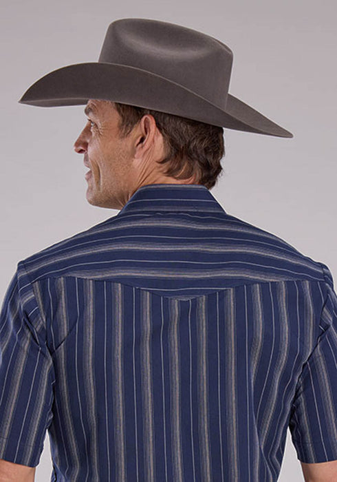 Roper Mens 2477 Western Stripe Navy/Brown Cotton Blend S/S Shirt