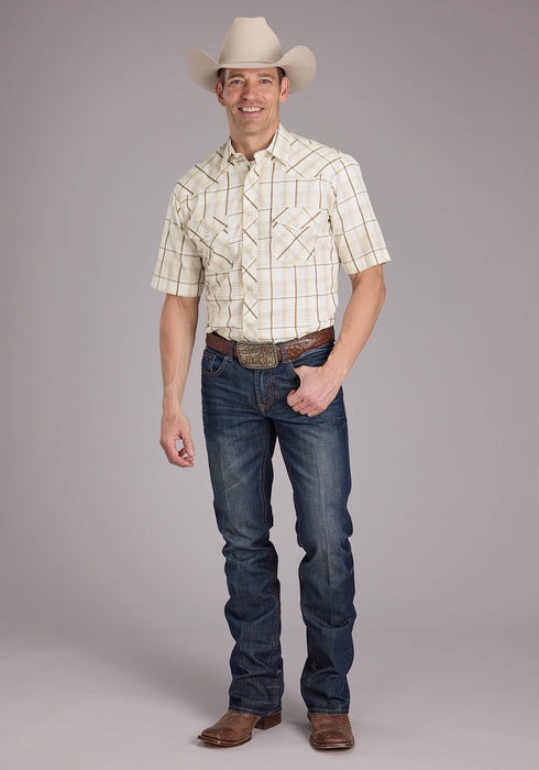Roper Mens 2406 Neutral Plaid Tan Cotton Blend S/S Shirt