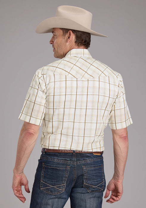 Roper Mens 2406 Neutral Plaid Tan Cotton Blend S/S Shirt