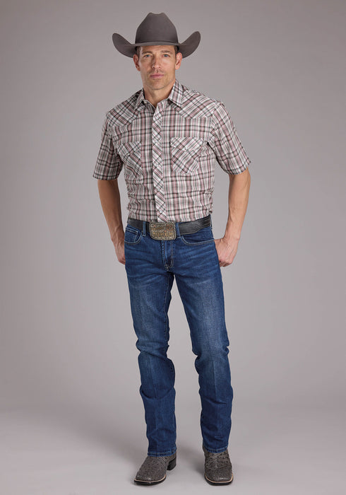 Roper Mens 2409 Plaid White/Grey Cotton Blend S/S Shirt