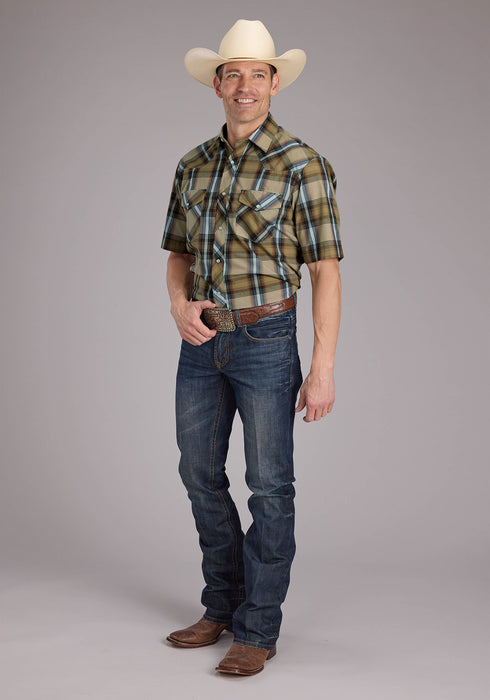 Roper Mens 2410 Plaid Tan Cotton Blend S/S Shirt