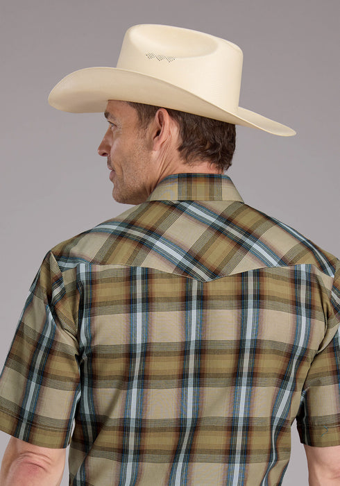 Roper Mens 2410 Plaid Tan Cotton Blend S/S Shirt