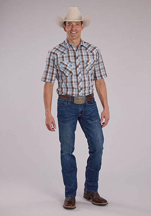 Roper Mens 2483 Western Plaid Cocoa/Sky Blue Cotton Blend S/S Shirt
