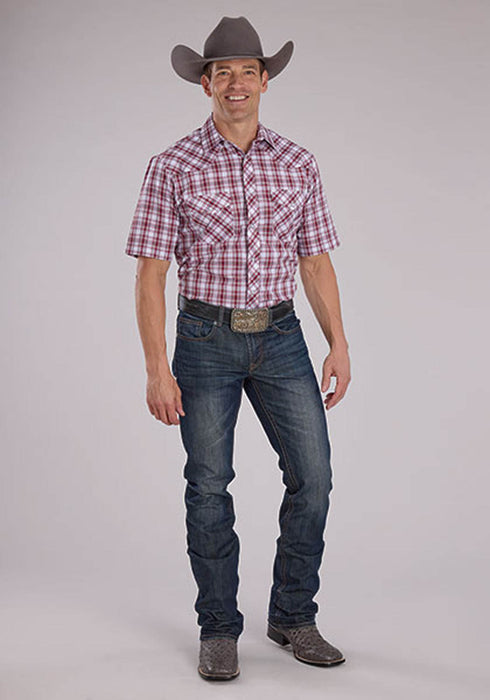 Roper Mens 2485 Western Plaid Red/White Cotton Blend S/S Shirt