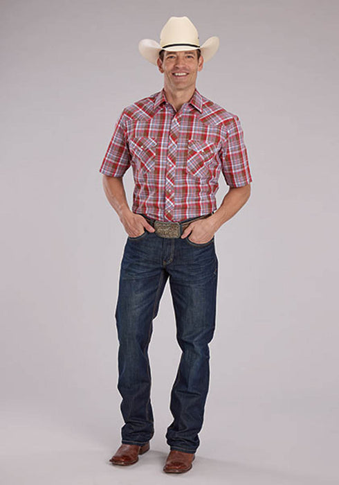Roper Mens 2487 Western Plaid Brown/Red Cotton Blend S/S Shirt