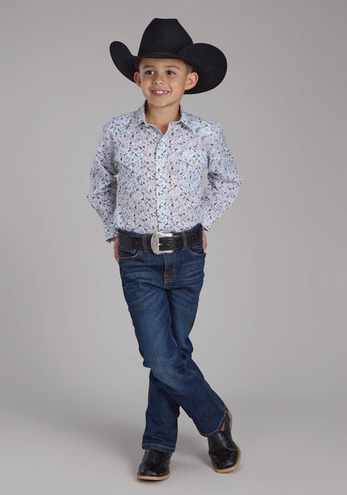 Roper Kids Boys 2428 Paisley White/Black Cotton Blend L/S Shirt