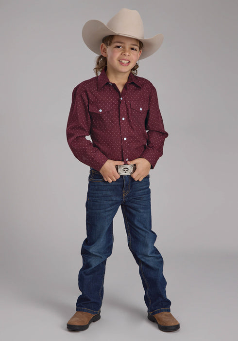 Roper Kids Boys 2287 Dot Print Wine Cotton Blend L/S Shirt