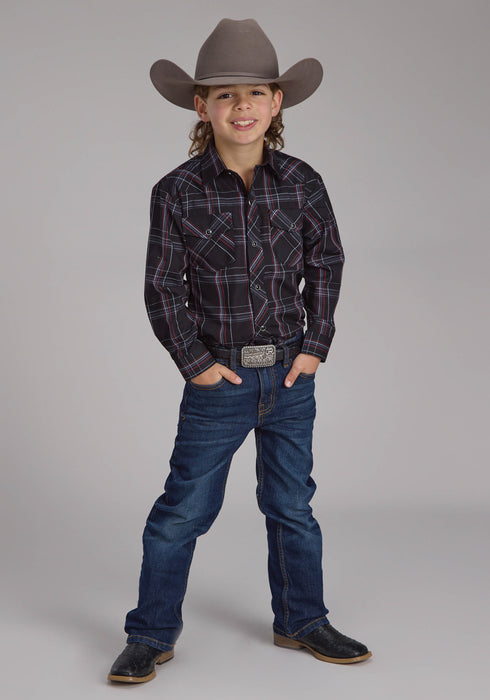 Roper Kids Boys 2130 Plaid Black/Grey Cotton Blend L/S Shirt