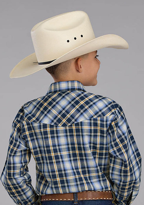 Roper Kids Boys 2484 Western Plaid Navy/Light Blue Cotton Blend L/S Shirt