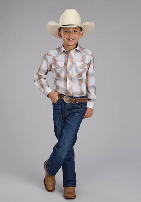 Roper Kids Boys 2488 Western Plaid Cream/Tangerine Cotton Blend L/S Shirt