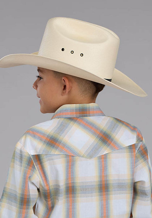 Roper Kids Boys 2488 Western Plaid Cream/Tangerine Cotton Blend L/S Shirt