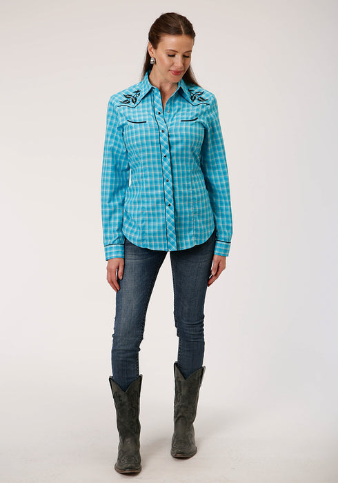 Roper Womens Turquoise/Gray Cotton Blend Small Scale L/S Leaf Shirt