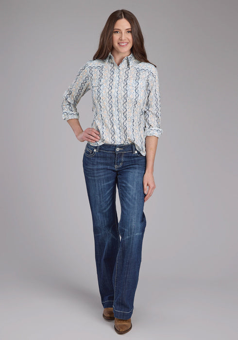 Roper Womens 2429 Paisley Trellis Blue Cotton Blend L/S Shirt