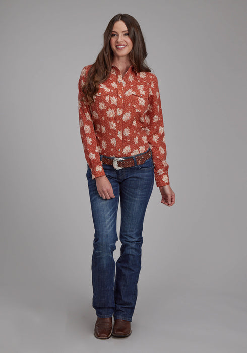 Roper Womens 2282 Floral Orange/Cream Cotton Blend L/S Shirt
