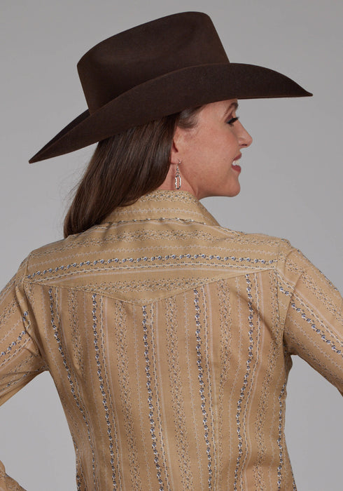 Roper Womens 2283 Wallpaper Tan/Navy Cotton Blend L/S Shirt