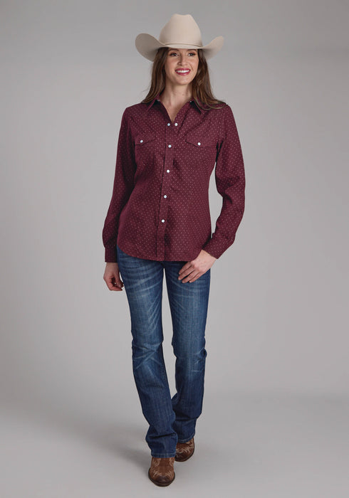 Roper Womens 2287 Dot Print Wine Cotton Blend L/S Shirt