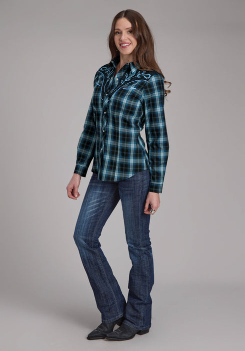 Roper Womens 2128 Windowpane Plaid Multi Blue Cotton Blend L/S Shirt