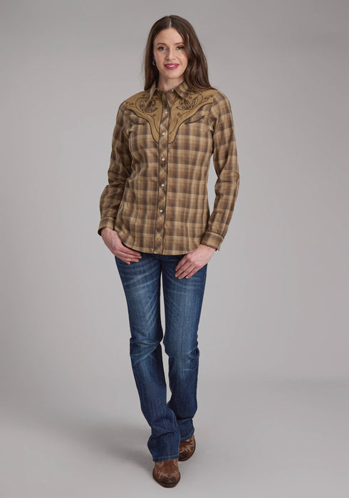 Roper Womens 2129 Ombre Plaid Brown/Tan Cotton Blend L/S Shirt