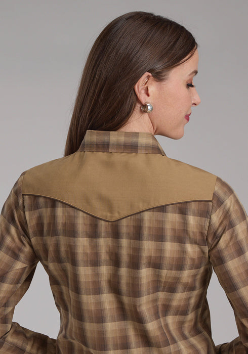 Roper Womens 2129 Ombre Plaid Brown/Tan Cotton Blend L/S Shirt
