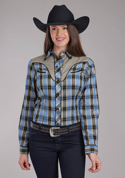 Roper Womens 2412 Fancy Applique Blue/Brown Cotton Blend L/S Shirt