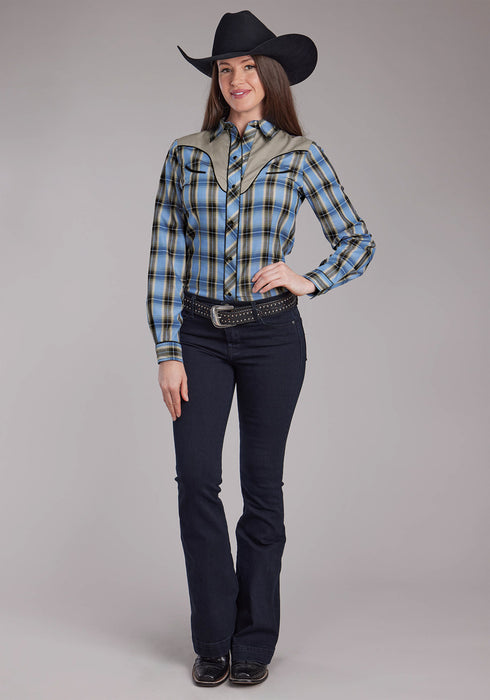 Roper Womens 2412 Fancy Applique Blue/Brown Cotton Blend L/S Shirt