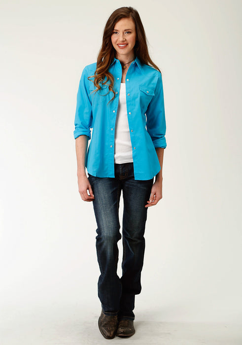 Roper Womens 9839 Broadcloth Turquoise Cotton Blend L/S Shirt
