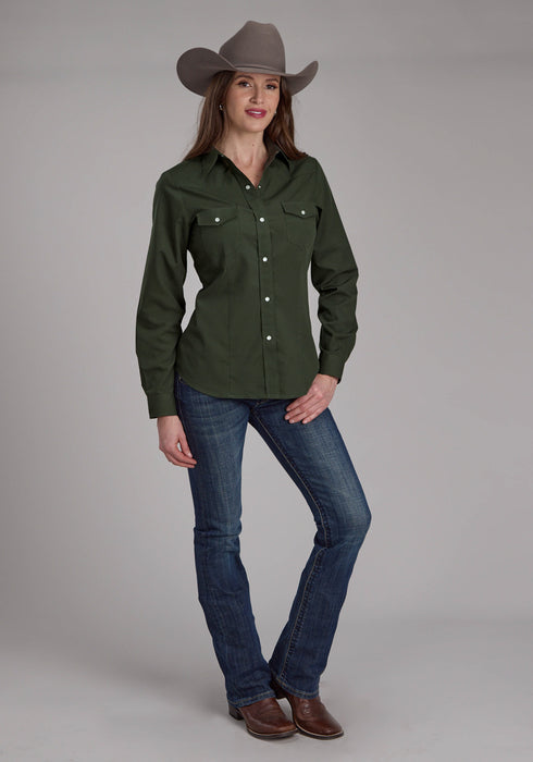 Roper Womens 2132 Broadcloth Dark Olive Cotton Blend L/S Shirt