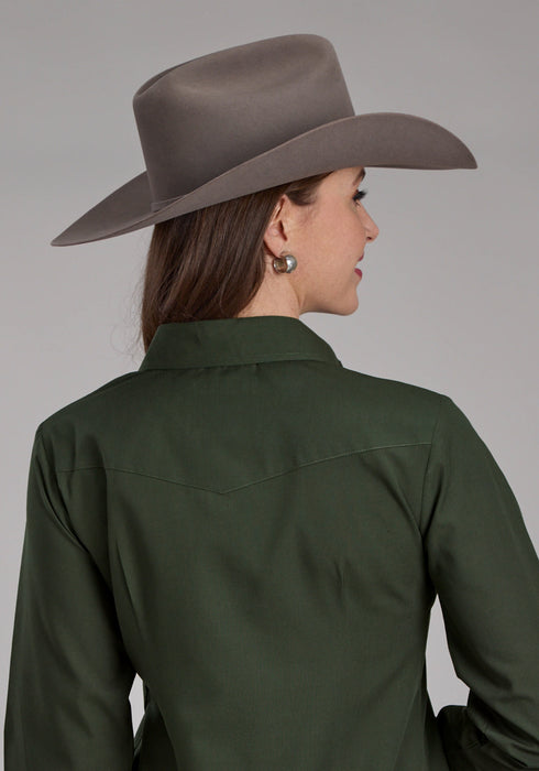 Roper Womens 2132 Broadcloth Dark Olive Cotton Blend L/S Shirt