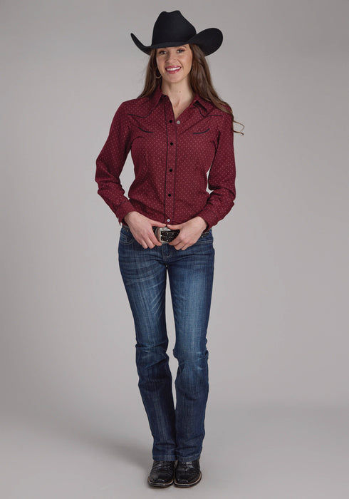Roper Womens 2287 Dot Print Wine Poly/Cotton L/S Shirt