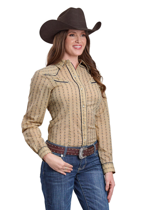 Roper Womens 2661 Wallpaper Floral Tan Cotton Blend L/S Shirt