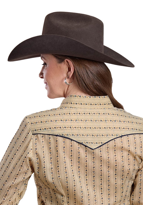 Roper Womens 2661 Wallpaper Floral Tan Cotton Blend L/S Shirt