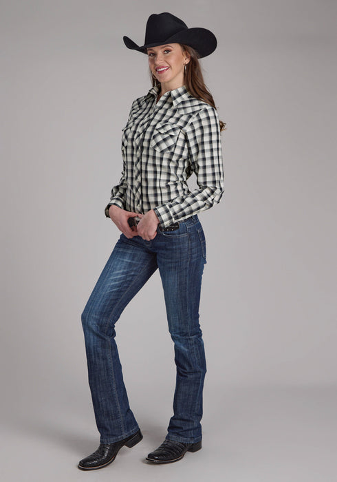 Roper Womens 2125 Plaid Blue/Black Cotton Blend L/S Shirt