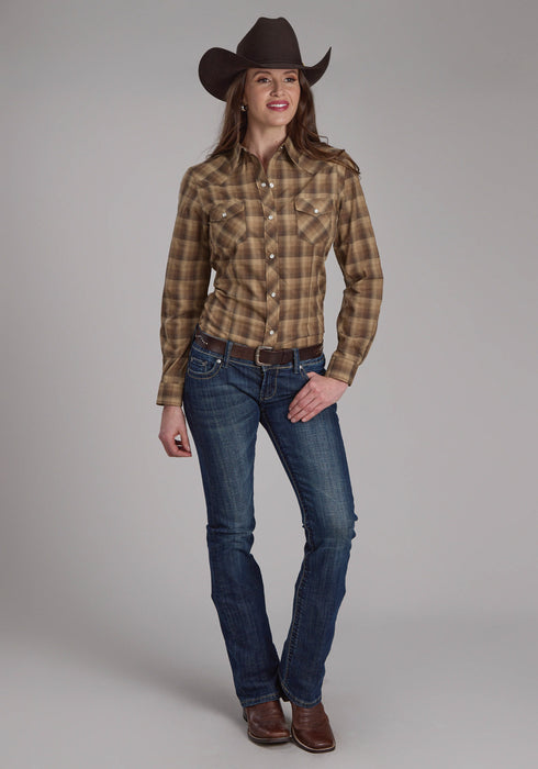 Roper Womens 2129 Ombre Plaid Brown/Tan Cotton Blend L/S Shirt