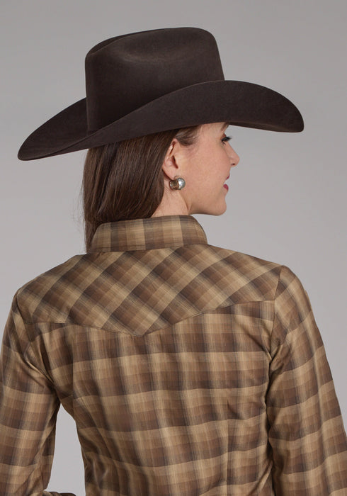 Roper Womens 2129 Ombre Plaid Brown/Tan Cotton Blend L/S Shirt
