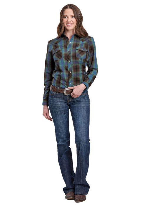 Roper Womens 2657 Plaid Turquoise/Cobalt Cotton Blend L/S Shirt