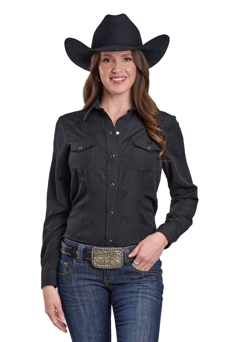Roper Womens Tonal Horse and Flower Black Poly/Cotton L/S Shirt