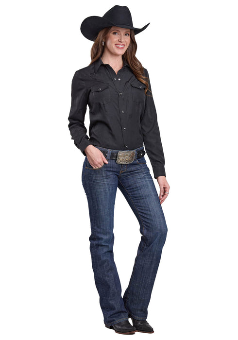 Roper Womens Tonal Horse and Flower Black Poly/Cotton L/S Shirt