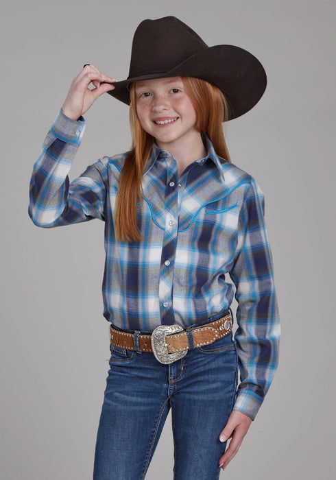Roper Youth Girls 2102 Horseshoe Plaid Blue/White Cotton Blend L/S Shirt