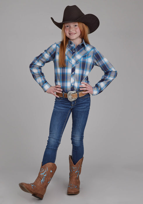 Roper Youth Girls 2102 Horseshoe Plaid Blue/White Cotton Blend L/S Shirt