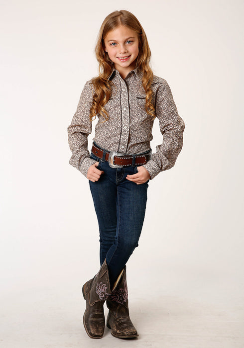 Roper Girls Brown/Cream Cotton Blend Floral Print L/S Shirt