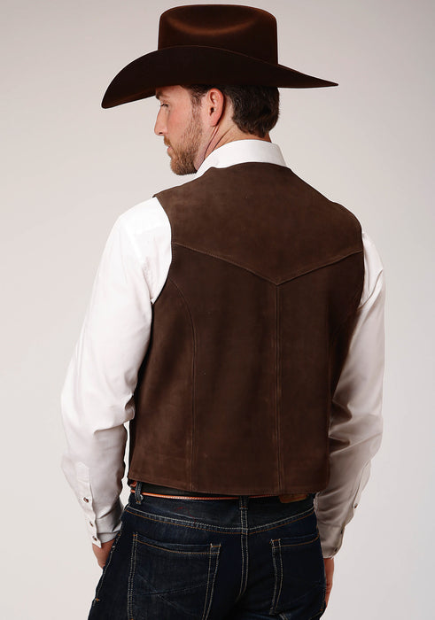 Roper Mens Antique Brass Front Yokes Brown Suede Leather Vest