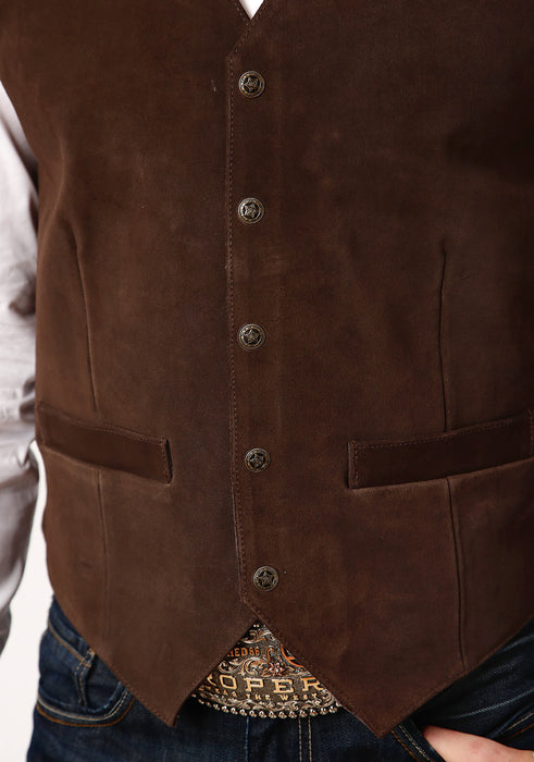 Roper Mens Antique Brass Front Yokes Brown Suede Leather Vest