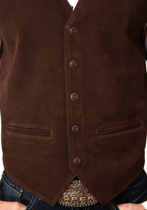 Roper Mens Buckle Tie Brass Snaps Dark Brown Suede Leather Vest