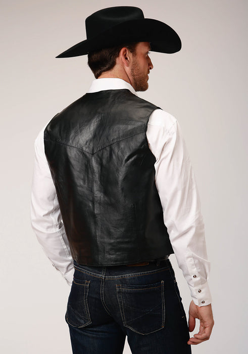 Roper Mens Front Yoke Snaps Black Lamb Leather Leather Vest