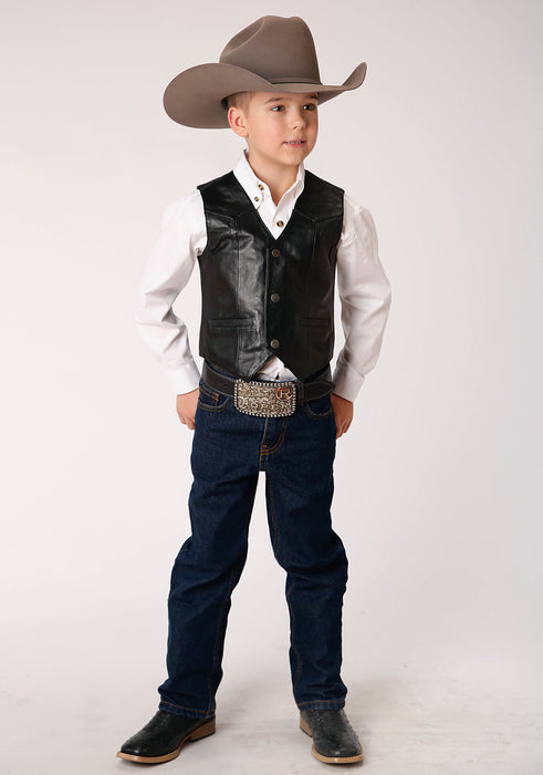 Roper Kids Boys Nappa Yokes Black Lamb Leather Leather Vest