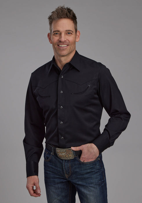 Roper Mens Flag Longhorn Skull Black Poly/Rayon L/S Shirt