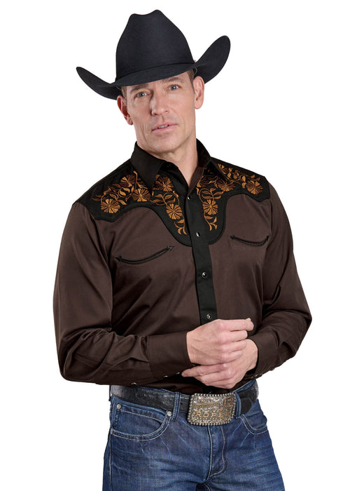 Roper Mens Floral Fancy Yokes Chocolate Poly/Rayon L/S Shirt